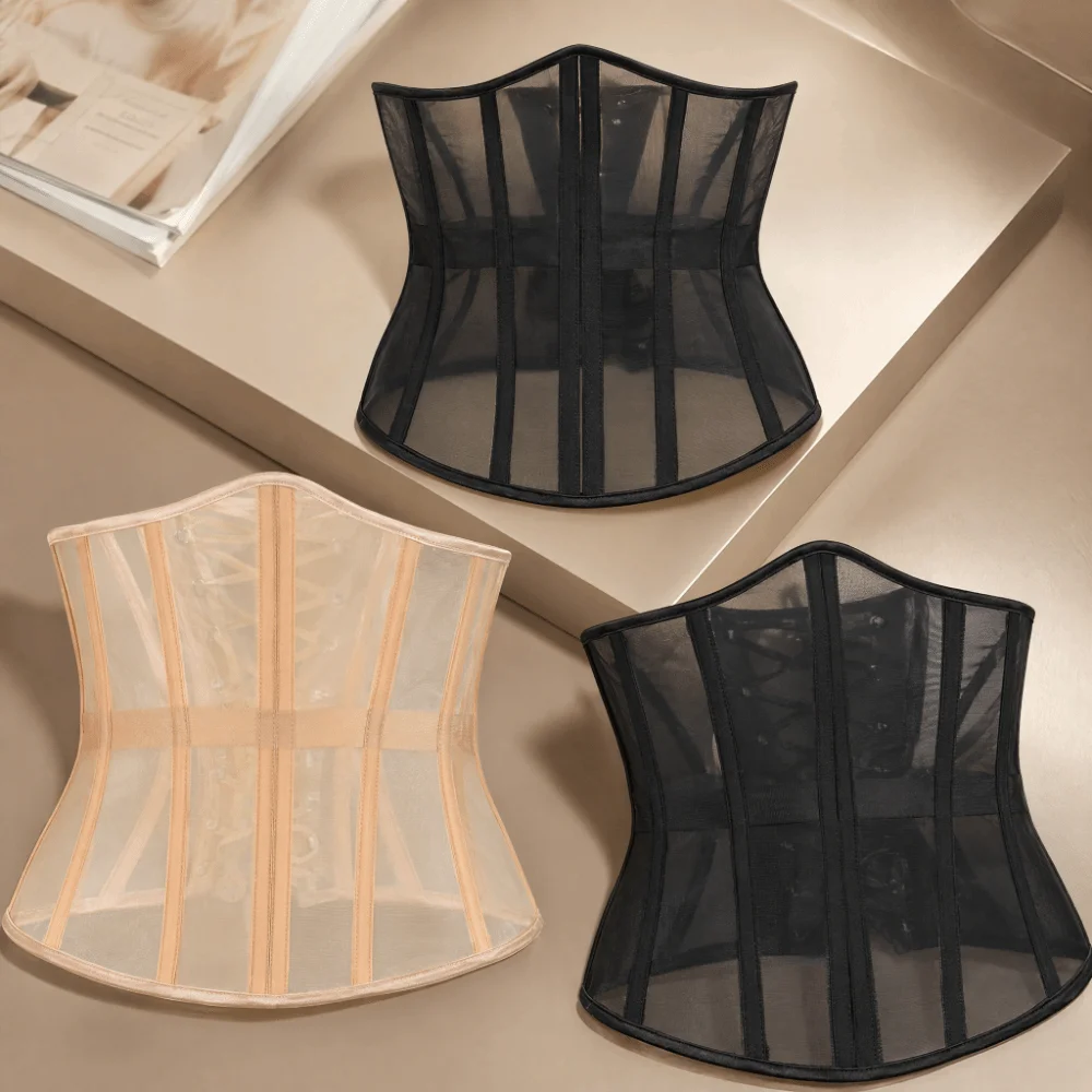 Elegant Polyester Underbust Corset Lace Up Fish Bone Mesh Corset Adjustable Strap Slimming Cincher Dress Decorative