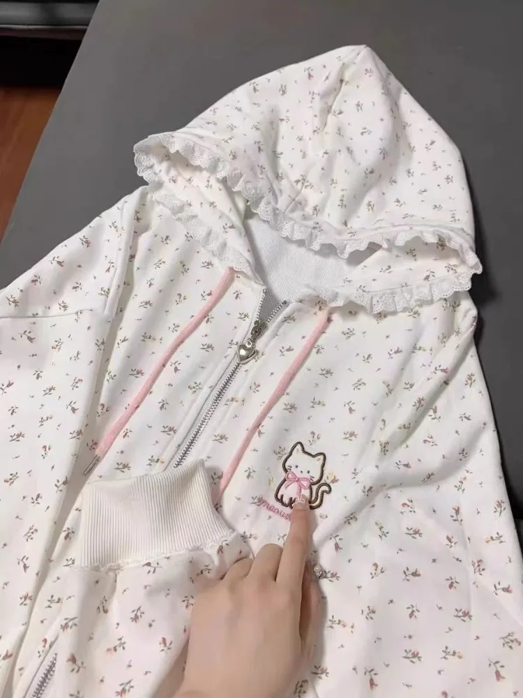 Cat Floral Long Sleeved Zipper Thin Jackets 2026 Spring New Hoodie Coat Women Y2k Casual All-match Tops Mujer Sweatshirt