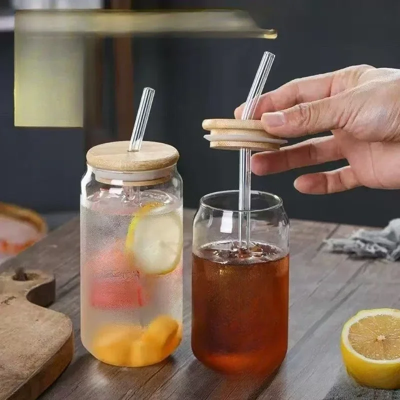 1pcs Coke Cup Borosilicate Glass Straw Cups Wooden Lid Can Water Cup Juice Cold BrewCup Straw Cup Wholesale view 2