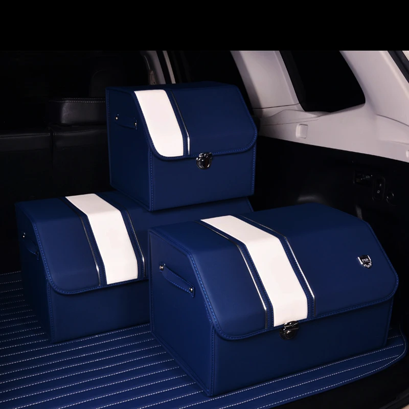 Mixed Colors Luxury Artificial Leather Car Trunk Organizer Storage Box Storage Bag Folding Glove box  Automobile Supplies (blue)