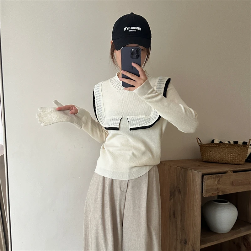 Pull pulls femmes col rond manches évasées légèrement extensible coréen bureau dame printemps et automne décontracté quotidien femme tricoté hauts