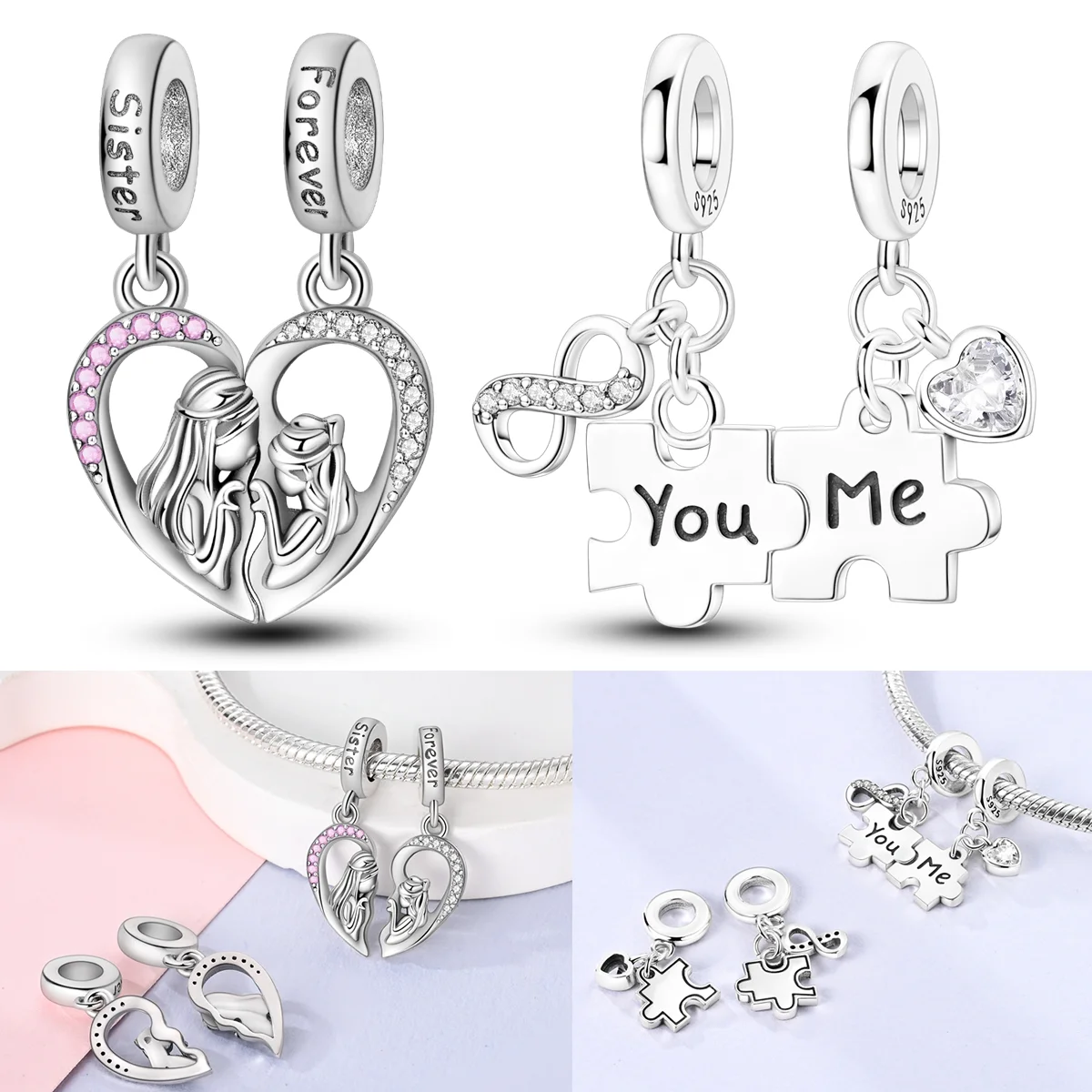 

925 Sterling Silver Sisters Love Charms Bead CZ Zircon Infinite Love Puzzle Dangle Fit Original Bracelet DIY Women Jewelry