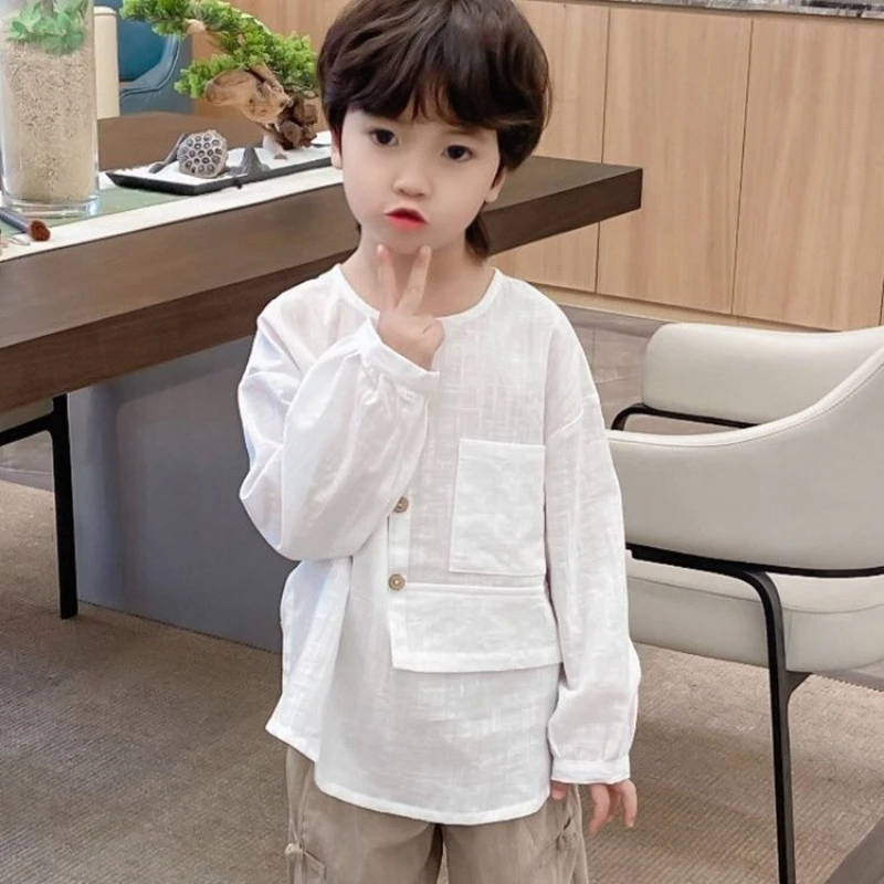 Boys Cotton Linen T Shirt Summer Thin Casual Solid Color Korean Style Kids Tops Tee Children Clothing - view 3