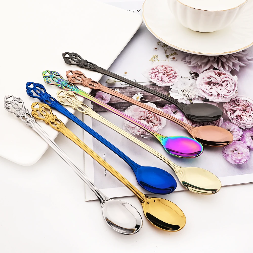 Drmfiy Royal 6 Long Handle Spoon Dinnerware Stainless Steel Cutlery Set Western Tableware Set Tea Coffee Drink Silverware Set