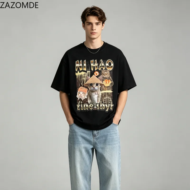 ZAZOMDE Funny Sushi Cat Graphic Tee Harajuku Aesthetic Kitten Straw Hat Print Tshirt Unisex Loose Casual Daily Wear Short Sleeve