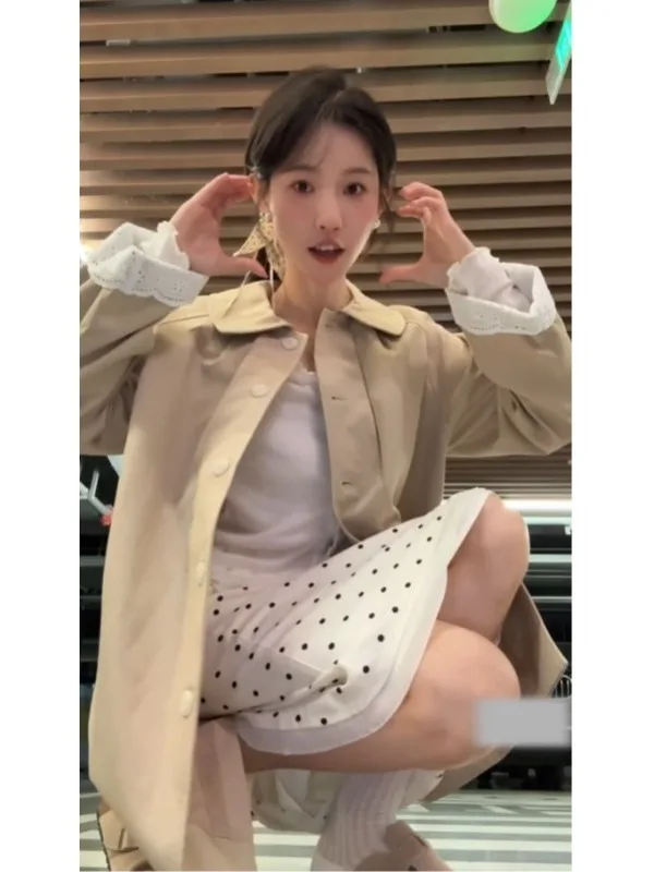 Korean Style Elegant Fashionable Long Coat Beautiful Unique Outerwear Spring Autumn Season Button Detail Casual Commute Wear