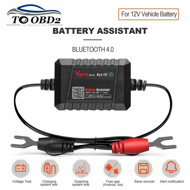

Новый аккумуляторный помощник Vgate BA100 12 В, тестер автомобильного аккумулятора, монитор Bluetooth 4,0, автоматический анализатор, тестер, работа с Android и IOS