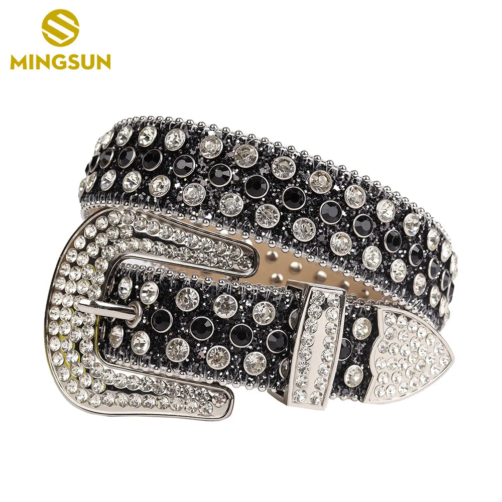 Fashion Crystal Belt Adjustable Length Diamond Buckle Chic Western Cowboy Black Rhinestone Belts For Girls Men Decorative Punk