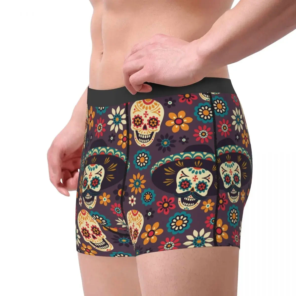 Novelty Boxer Sugar Skull Floral Shorts Panties Briefs Men's Underwear Day of the Dead Halloween Breathable Underpants for Male