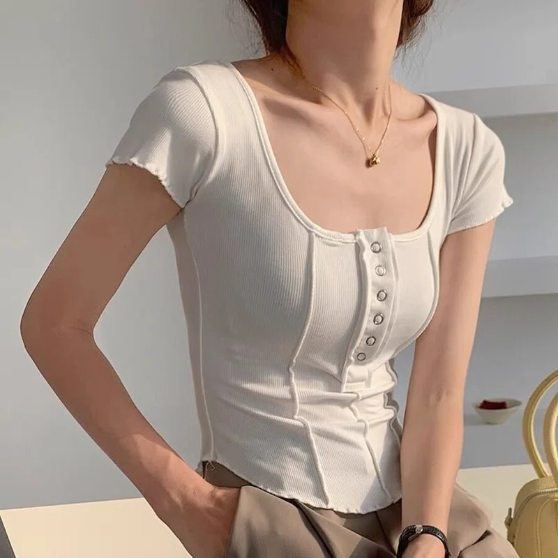 T-shirty damskie Skinny Inside Korean Fashion wiosna seksowne damskie codzienne z długim rękawem minimalistyczna prosta w jednolitym kolorze