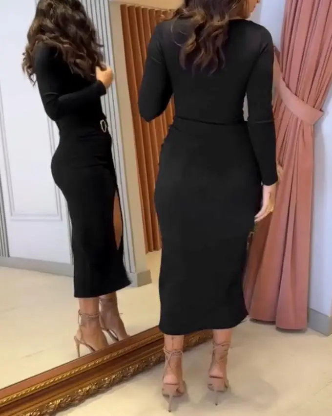 

Elegant Dresses for Autumn Women's Wear Metal Ring Decor Wrap Slit Ribbed Work Dress New Women Fashion Cinched Waist Slim Dress