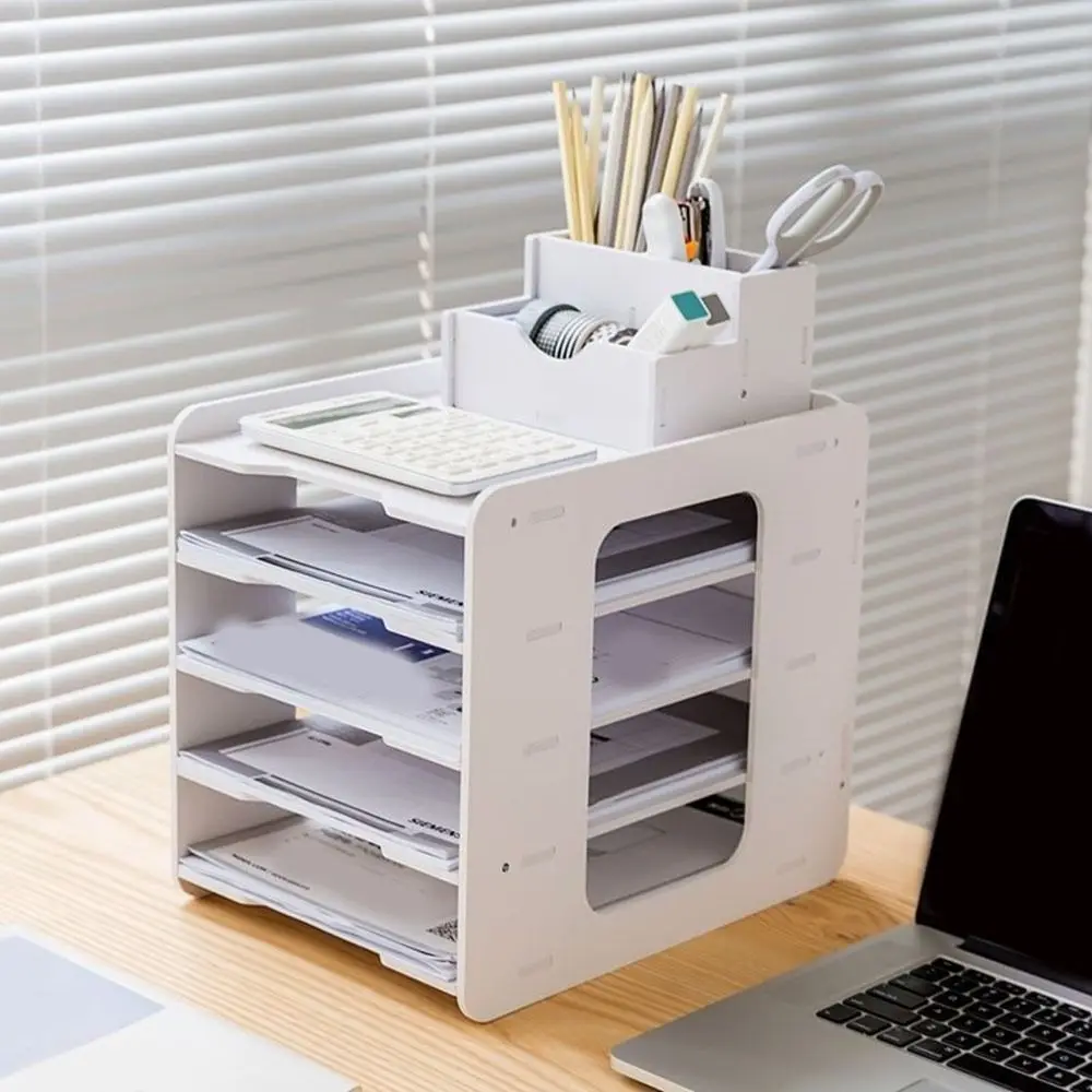 Practical PVC Multi-layer File Storage Rack Space Saving Easy Assembly File Holder Large Capacity Desk Top Shelf Office