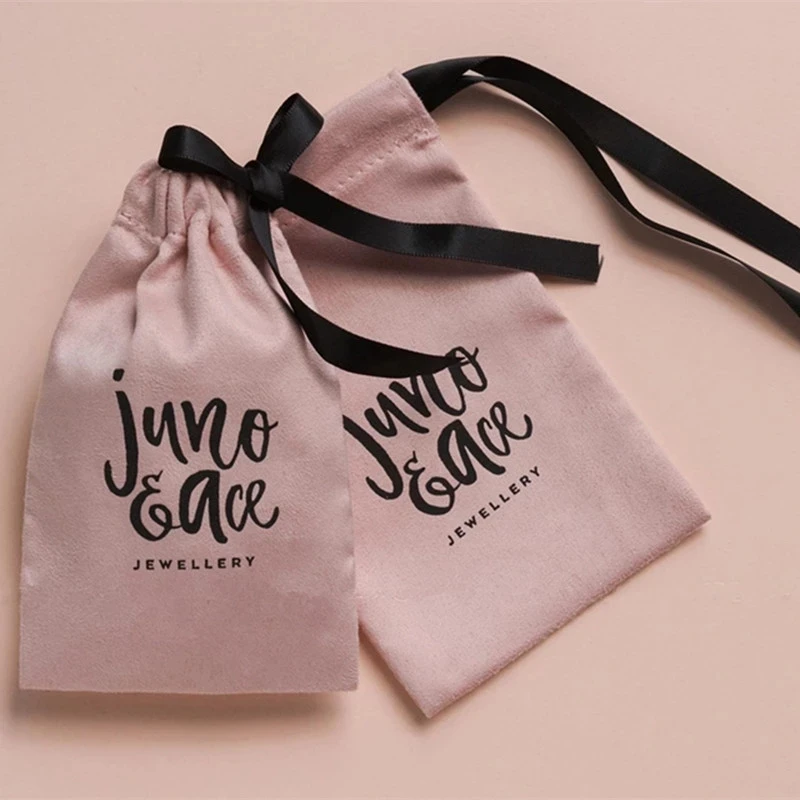 

50 personalized logo print drawstring bags custom pouches chic wedding favor pink flannel bags for earrings jewelry packaging