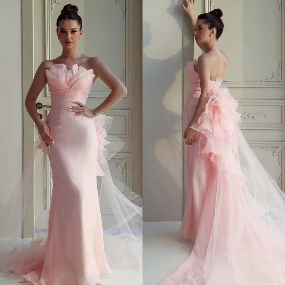 

Customized Intricate Fashion Tulle Pleat Ruched Draped Mermaid Strapless Long Dresses Bespoke Occasion Dresses High Quality Sexy