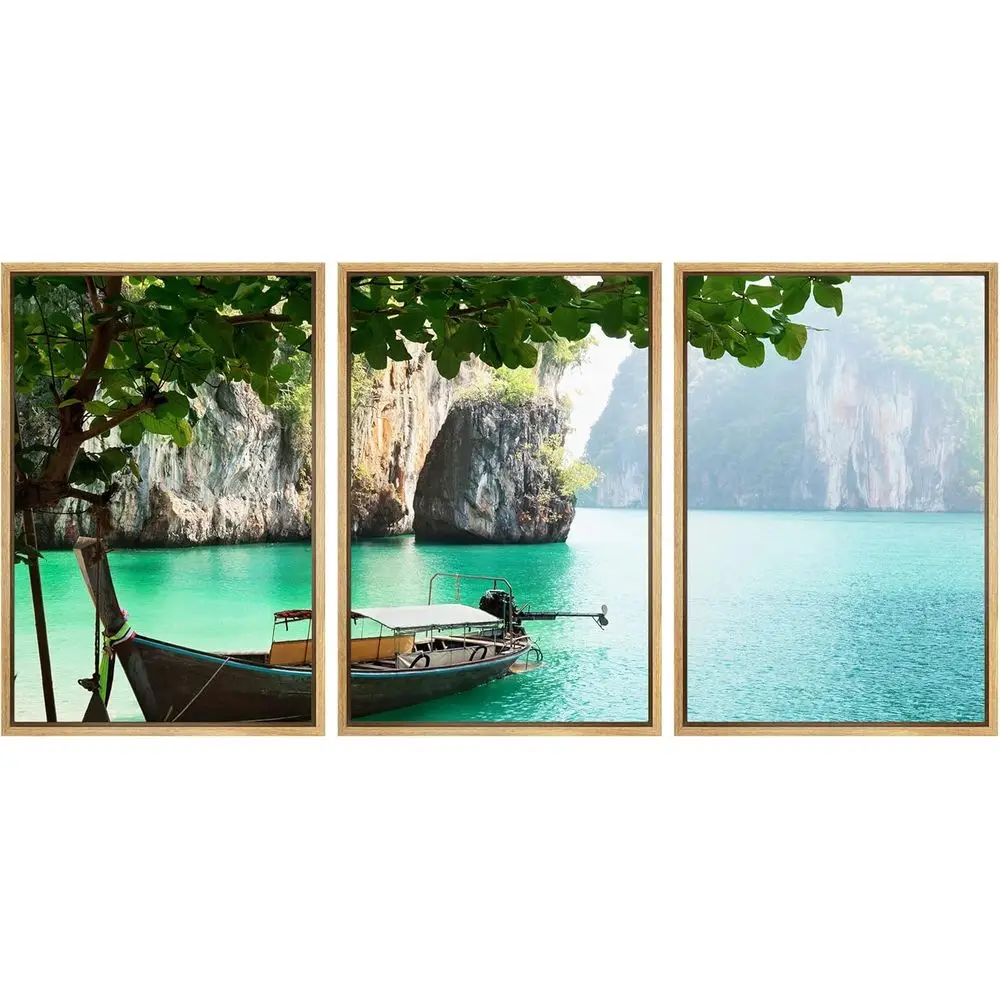 3-Piece Canvas Wall Art: Thai Island with Longboat - Stretched and Ready to Hang, 24x36, Natural