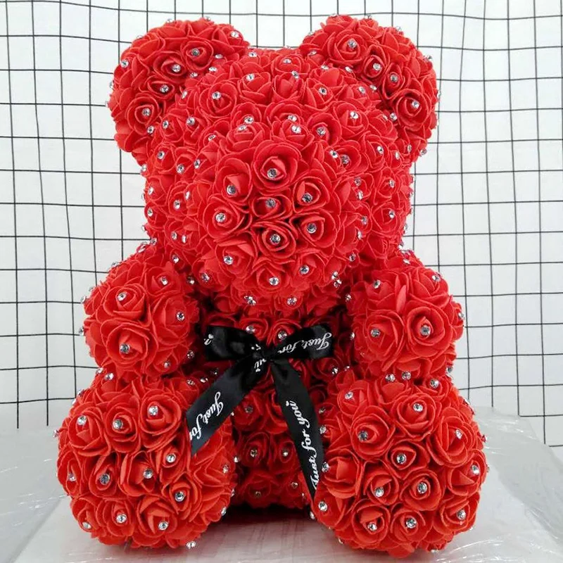 Diamond Rose Bear with Heart Artificial Roses Foam Roses Flower Diamonds Bear Rose Valentine's Day Gifts Mother's Day Red