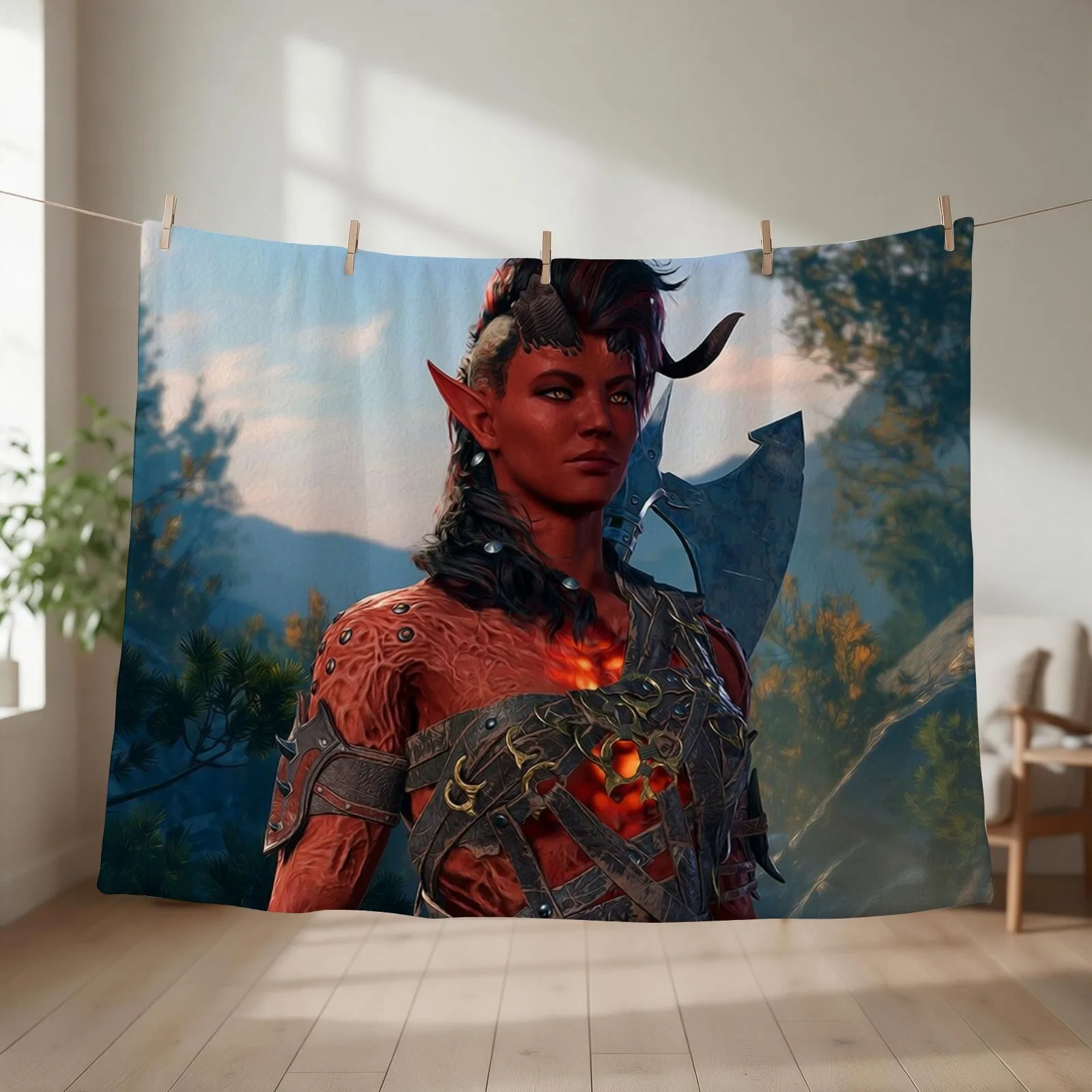 Karlach the Tiefling Barbarian Adventurer Throw Blanket couch cozy soft plush fuzzy picnic outdoor blanket