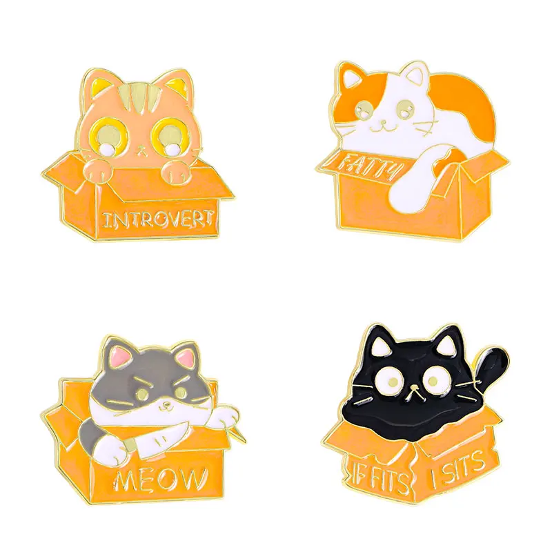 4Pcs/Set Cute Cartoon Box Cat Series Pins Introvert Fatty Meow Kitten If Fits I Sits Kitty Enamel Brooches For Pet Lover Jewelry