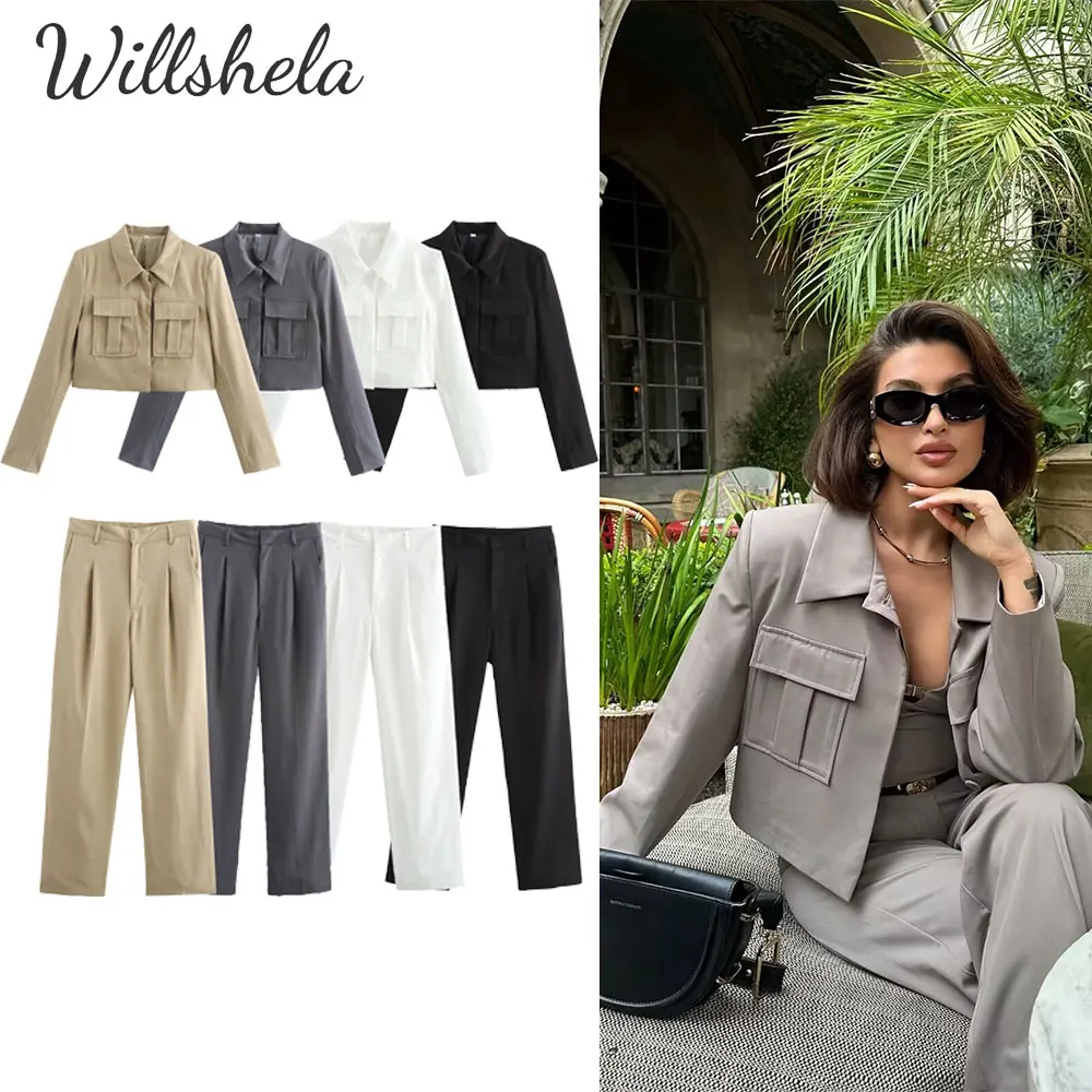

Willshela Women Fashion 2 Pieces Sets Cropped Shirt and Pant Female Chic Lady Casual Mujer Tops Blouse and Trousers Coordinates