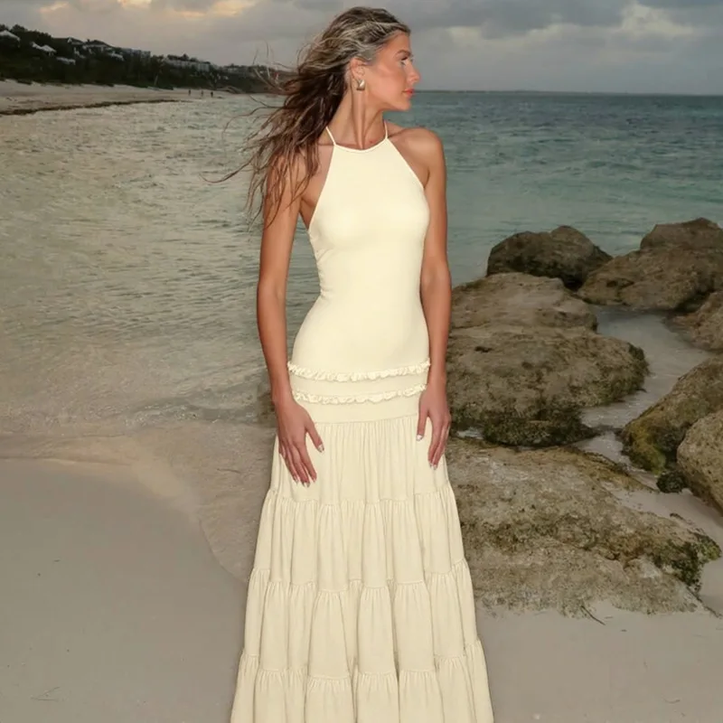 Feminino sólido babados em camadas plissado maxi vestido de festa sexy sem mangas rendas até halter sem costas a linha roupas de férias longo robe