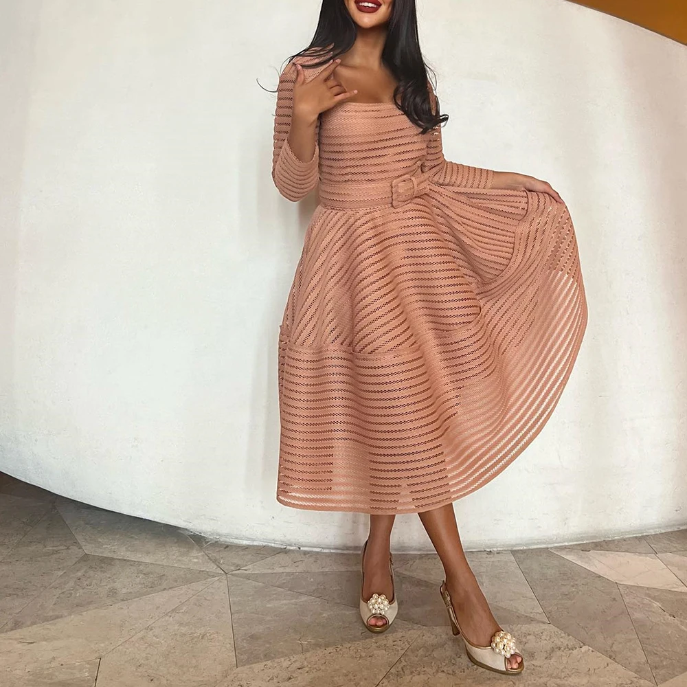 

Customized Fashion Lace Ruched Square Neck Tea Length A-Line Prom Gowns Tulle Long Sleeves Custom Made Girdling Tierede فسات