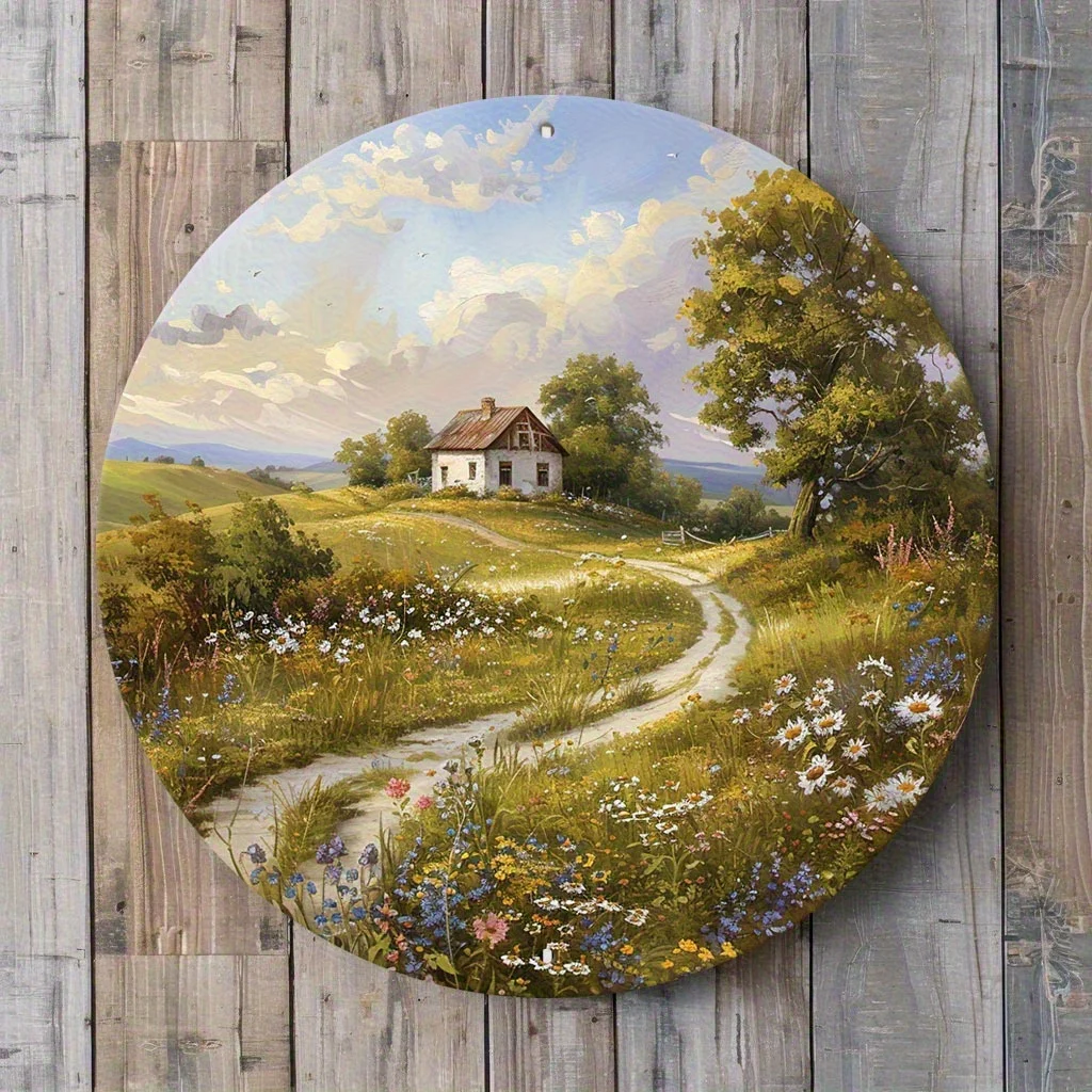 2D Flat, 1pc 2D Flat Print 20x20cm Metal Iron Sign Nostalgic Farmhouse Painting on Round Metal Label: A Whimsical Garden and Win