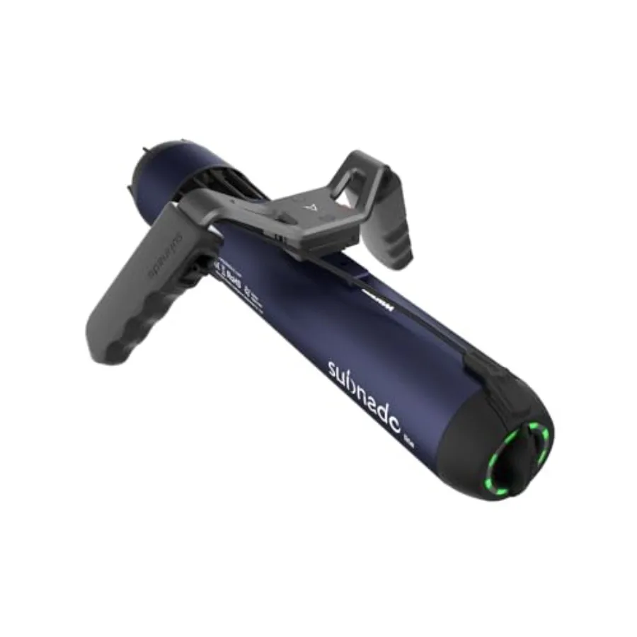 

Underwater scooter for scuba diving snorkeling and sea sports; blue ABS plastic; compact portable removable handle; ideal for a