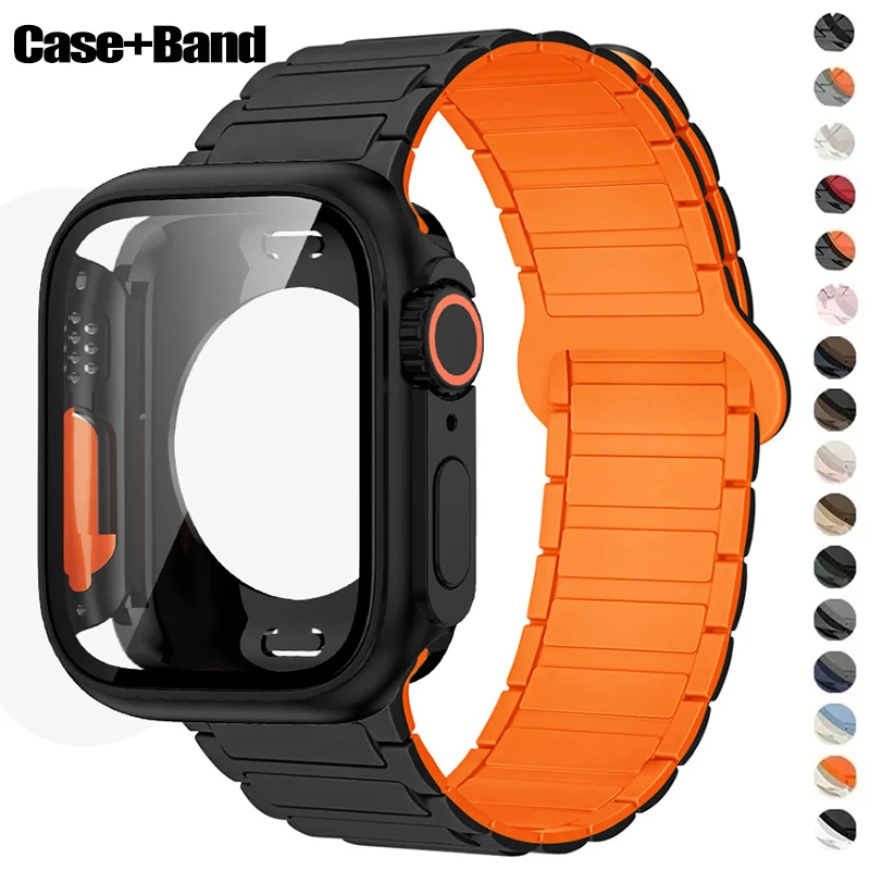 Change to Ultra Cover +Silicone Magnetic Band For Apple Watch 46mm 42mm 45mm 44mm 41mm 40mm For Series 11 10 9 8 7 6 5 4 SE3/2/1