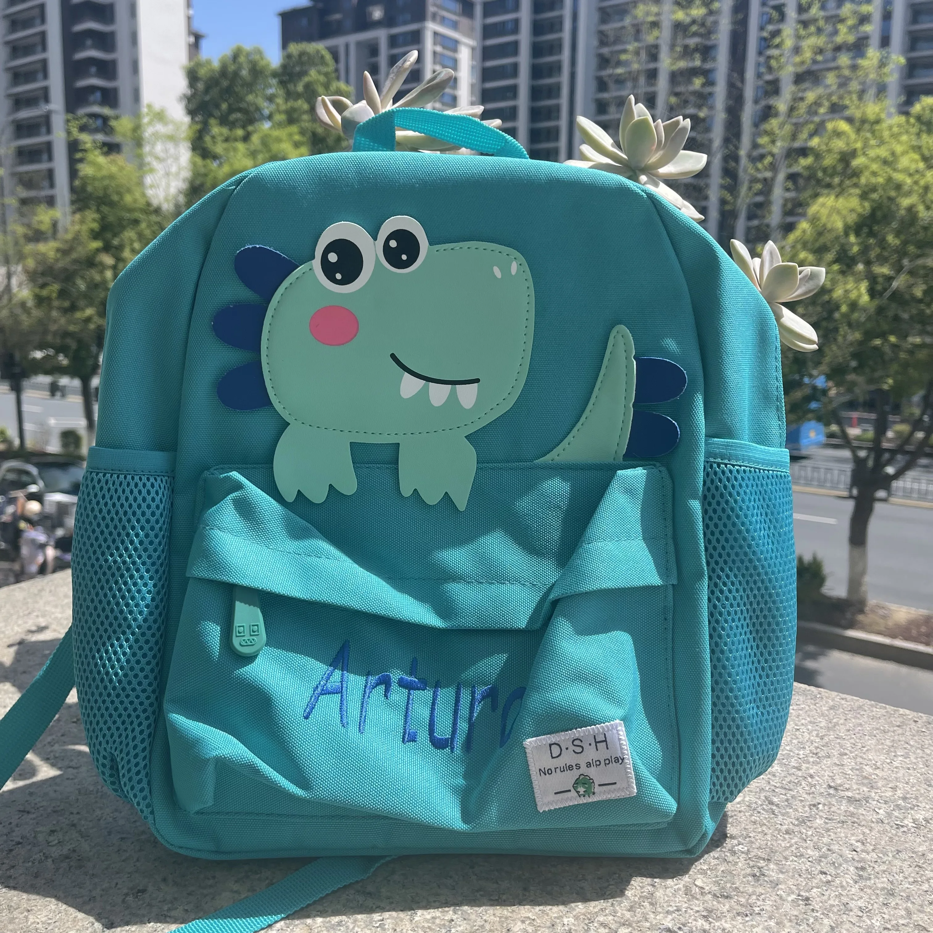 Mochila de dinosaurio pequeño con nombre personalizado, mochila escolar de dibujos animados, bordada con nombre personalizado, mochilas para niños y