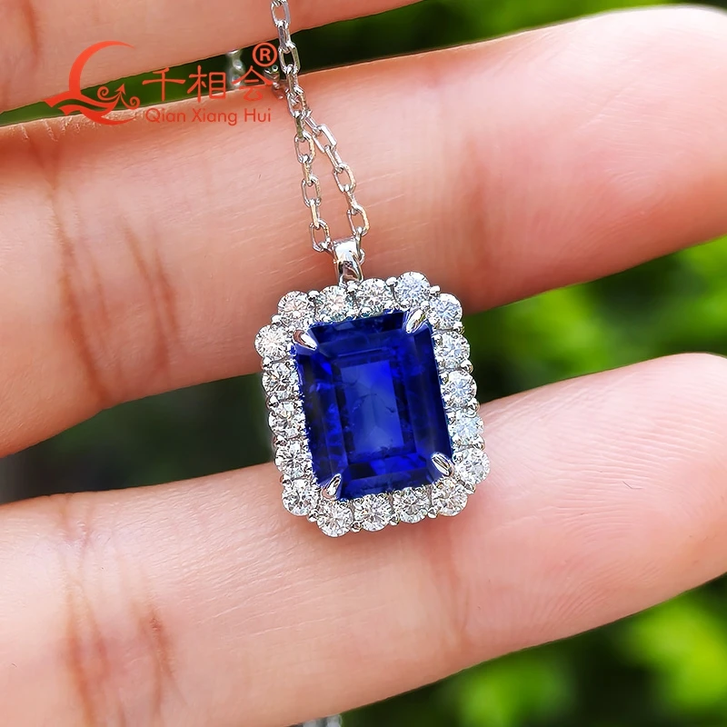 S925 الفضة الزمرد 3ct 7x9 مللي متر الأزرق الملكي/عبادة الذرة الأزرق مختبر الياقوت مع تشملات مويسانيتي حجر دلاية مجوهرات قلادة