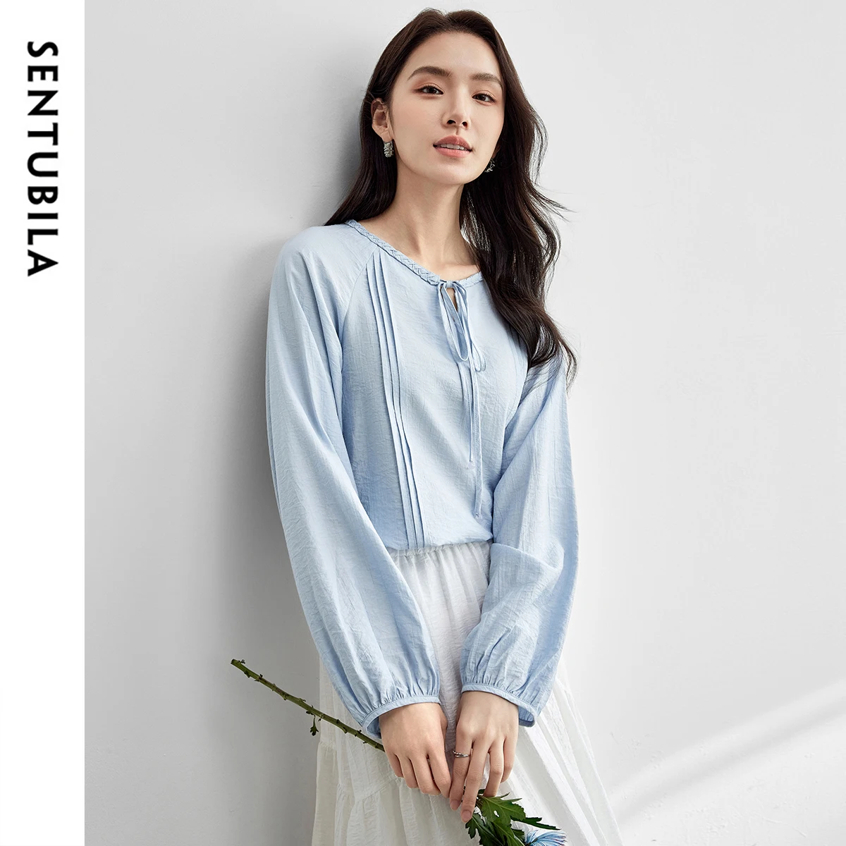 SENTUBILA Elegant Women's Blouses Lace-up Hollow-out Lantern Sleeve Sweet Commute Folds Shirts 2025 Spring New W51C58421