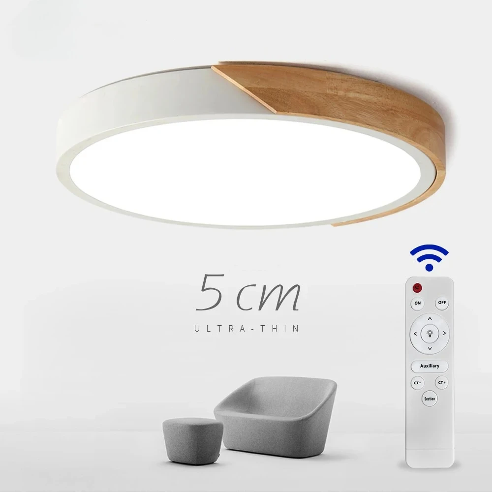 LED Surface Mount Ceiling Light Modern Ultra Thin Lighting Wood Lamp Fixture  Living Room Home Decor Balcony Remote Control