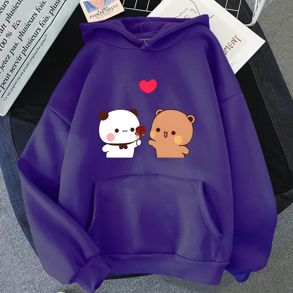 Bubu Is Giving Rose To Dudu Hoodies Kawaii Panda and Bear Sweatshirt with Hooded Fleece Women Clothing Y2k Pullover Kpop Casual