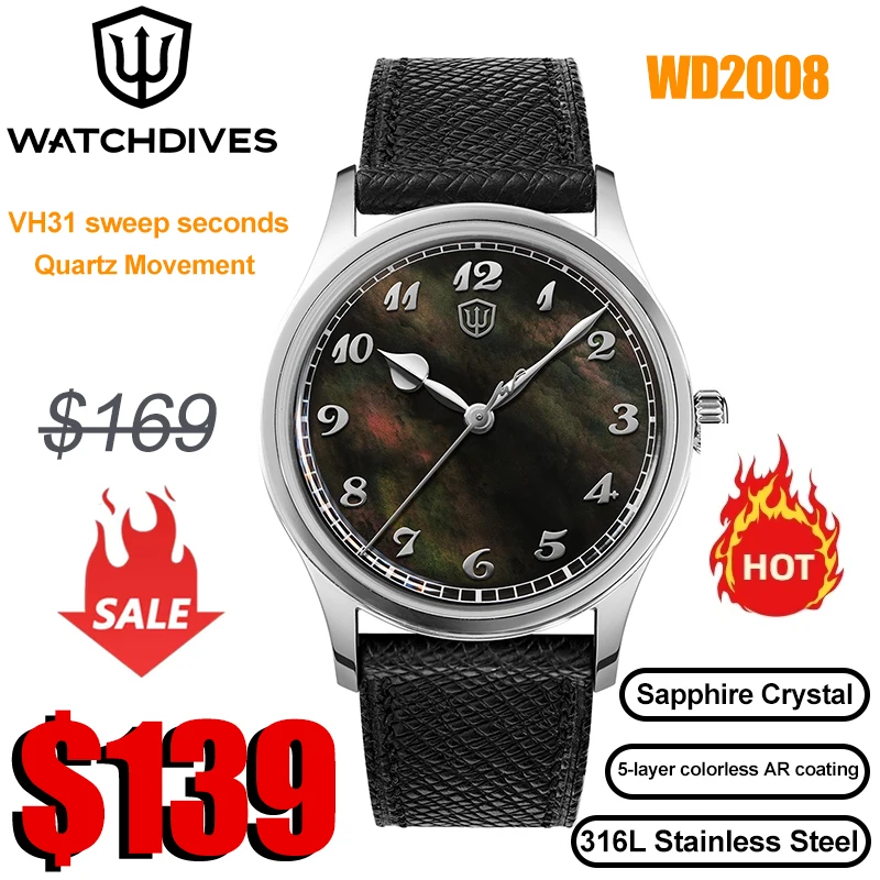 Watchdives WDC WD2008 Мужские часы с кварцевым механизмом VH31, корпус из нержавеющей стали, сапфировое купольное стекло, водонепроницаемые часы.