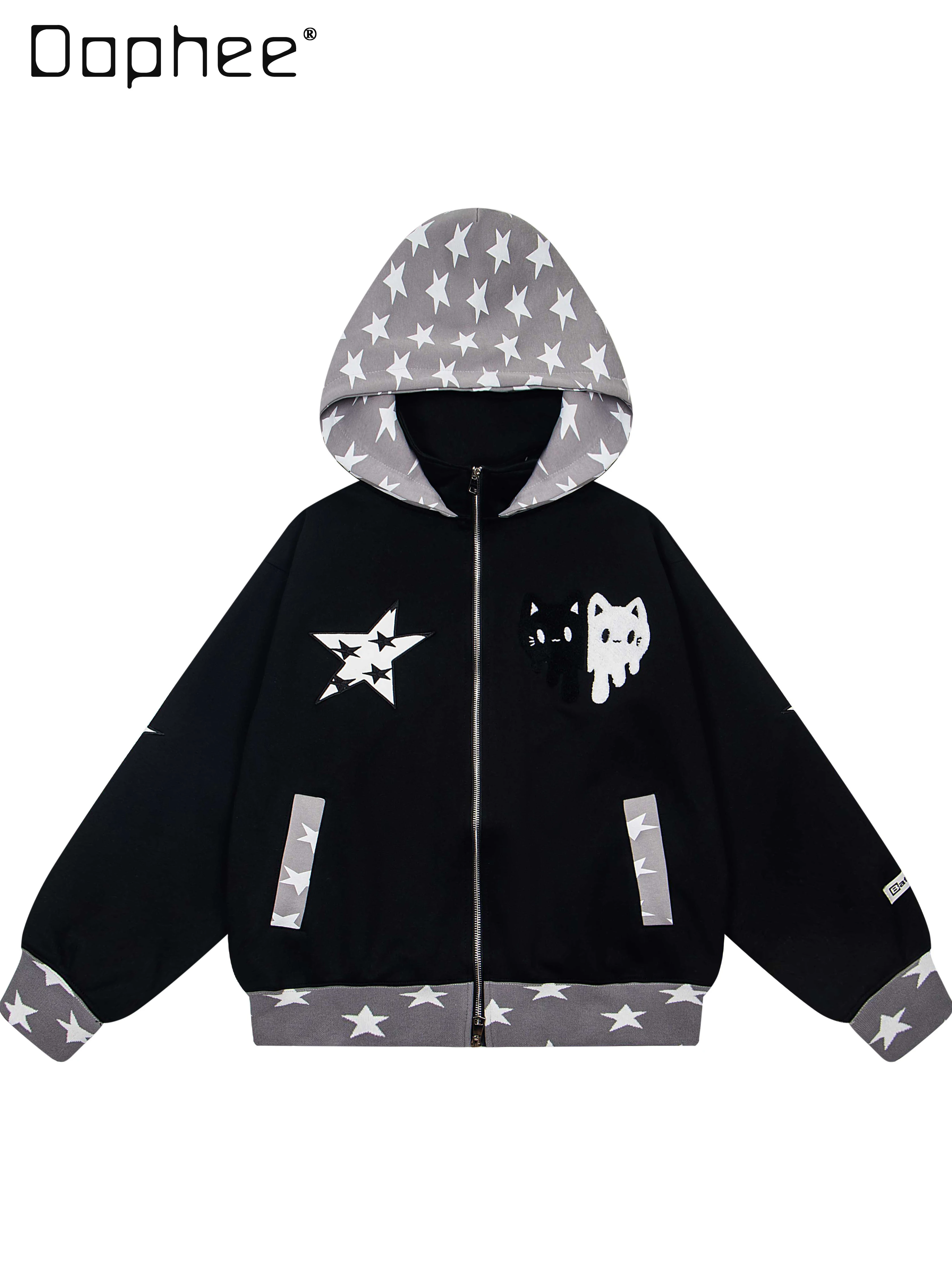 

Spring and Autumn Hot Sale Men's Star Cat Embroidered Black Hooded Sweatshirt Loose Casual Zipper Couple Velvet Red Jacket
