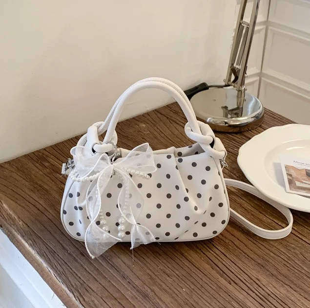 

Корейская ретро-сумка в горошек, плиссированная стильная сумка-подушка, с жемчужным сетчатым бантом, магнитной застежкой, изысканная компактная сумка через плечо