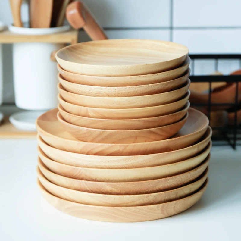 Assiette de service en bois massif, ensemble d'assiettes à gâteau, à Dessert, à collation, à fruits, à Sushi, ustensiles de cuisine Dia 15cm 20cm