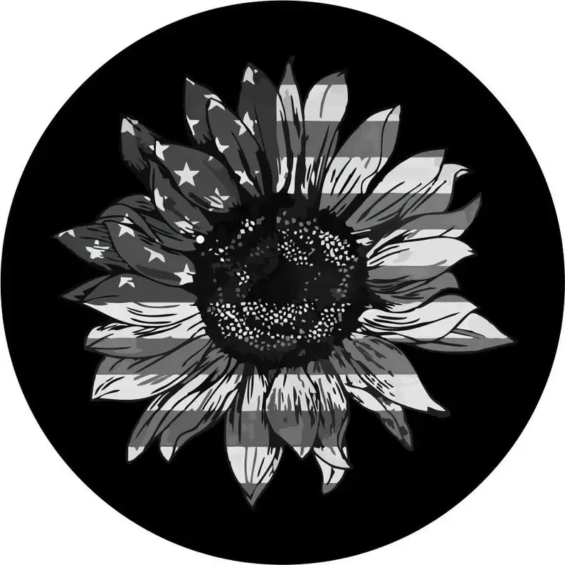 Sunflower American Flag (black and grey) Spare Tire Cover for any Vehicle, Make, Model and Size - Car, RV, Travel Trailer,