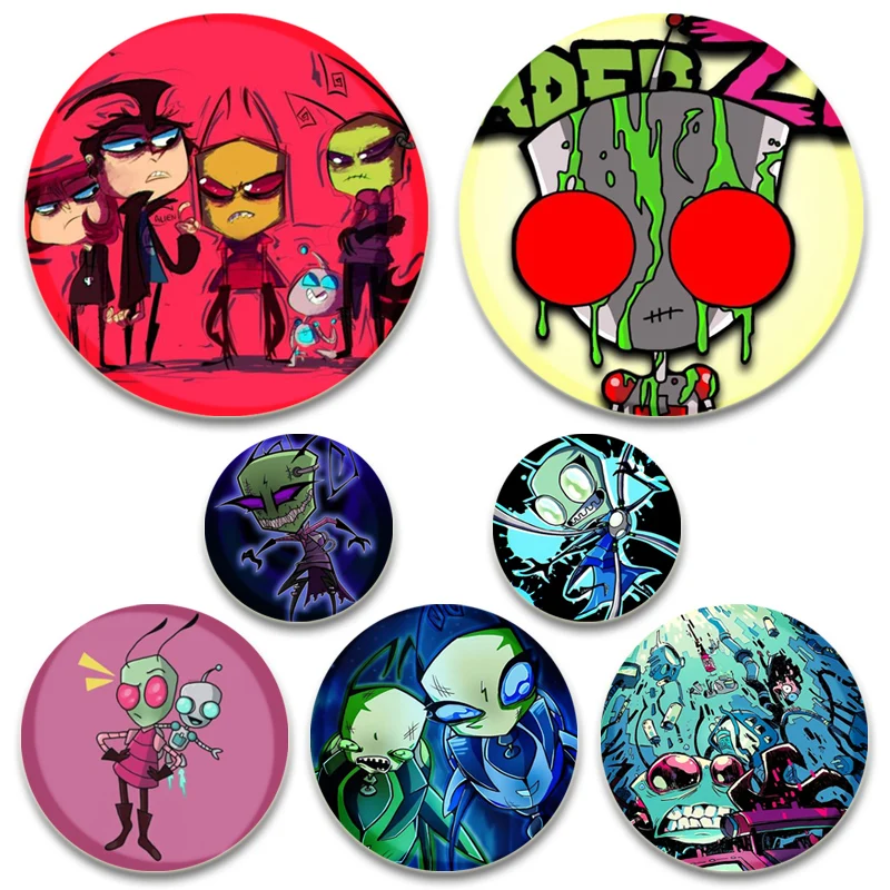 ET Green Invader ZIM Tinplate Pin Round Cartoon Funny Brooches for Backpack Cothes Accessories Anime Collection Badge Decoration