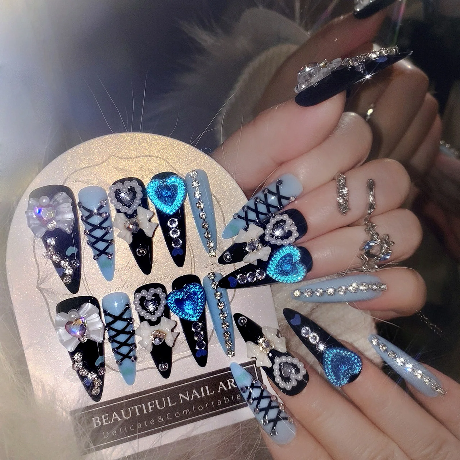 24pcs 3D Bow Decor False Nails Wearable Luxury Glitter Rhinestone Fake Y2k Nails Almond Press On Nails For Women Party Wedding