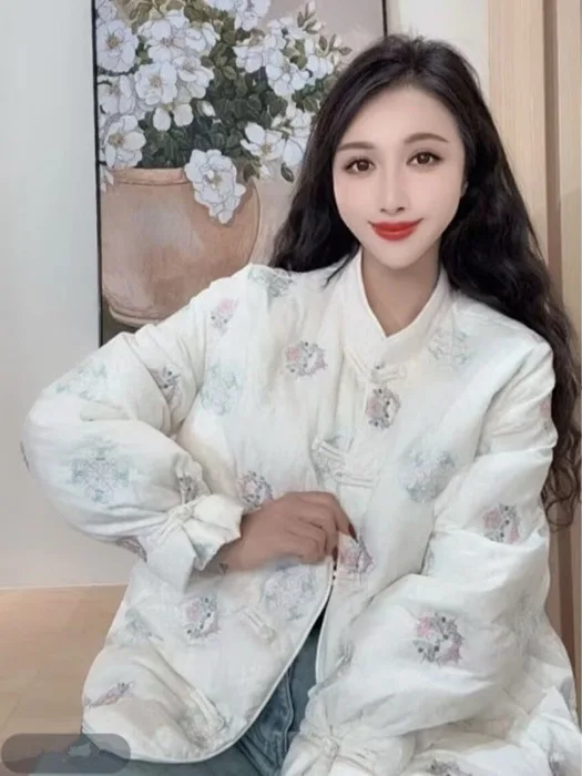 

Retro Thiened Embroidered down Cotton Jaet Women's Autumn Winter Sle Warm New Chinese Sle Button Stand Collar Padded ...