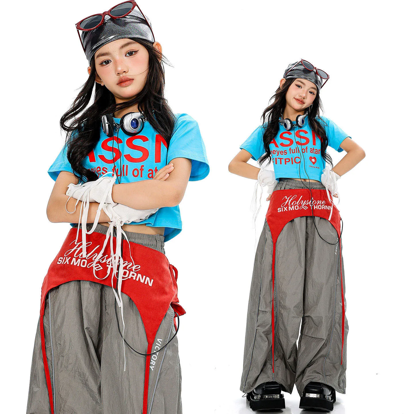 

Kid Kpop Hip Hop Clothing Blue Crop T Shirt Top Gray Casual Wide Parachute Pants Red Belt for Girl Jazz Dance Costumes Clothes