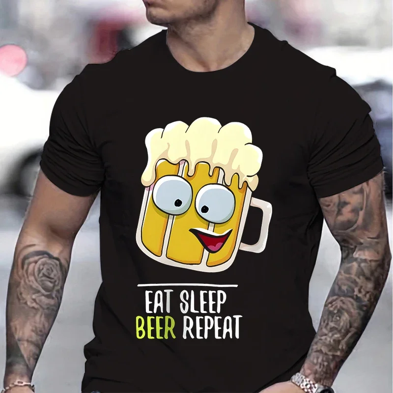 Cartoon Eat Sleep Beer Repeat Graphic T-shirt Men Funny Cartoon Beer Design Print T-Shirt Beer Lover Gifts Celebration Man Shirt