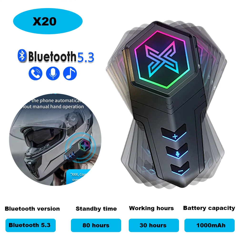 

X20 Motorcycle Equipments Helmet Headset Bluetooth5.3 Stereo Wireless Hands-free Call Waterproof Earphone With RGB Ambient Light