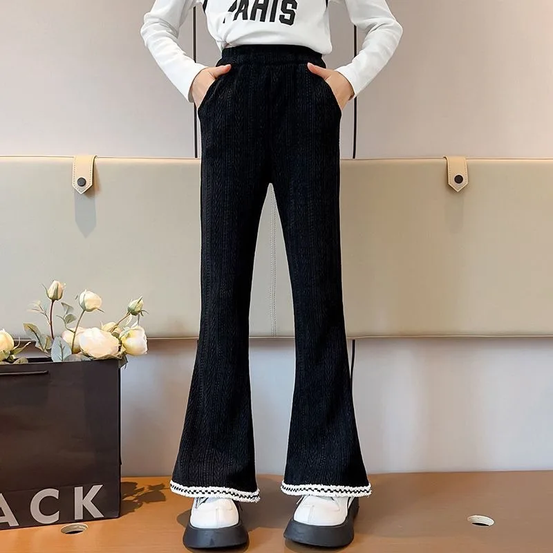 

Осенне-зимние вельветовые брюки-клеш для девочек — утепленные теплые повседневные брюки на флисовой подкладке для больших детей, теплая зимняя одежда