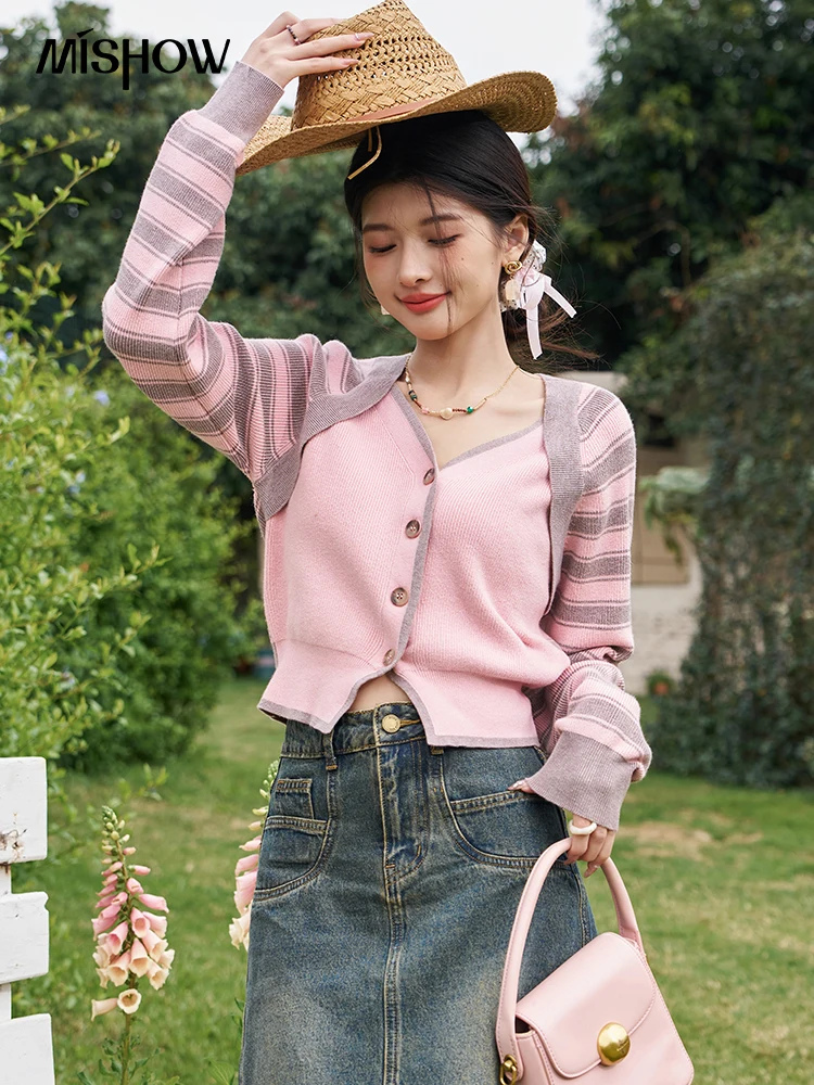 MISHOW Pink Contrast Striped Knitted Cardigan for Women Spring Korean V-neck Single Breasted Fake Two-piece Sweater MXD13Z0410