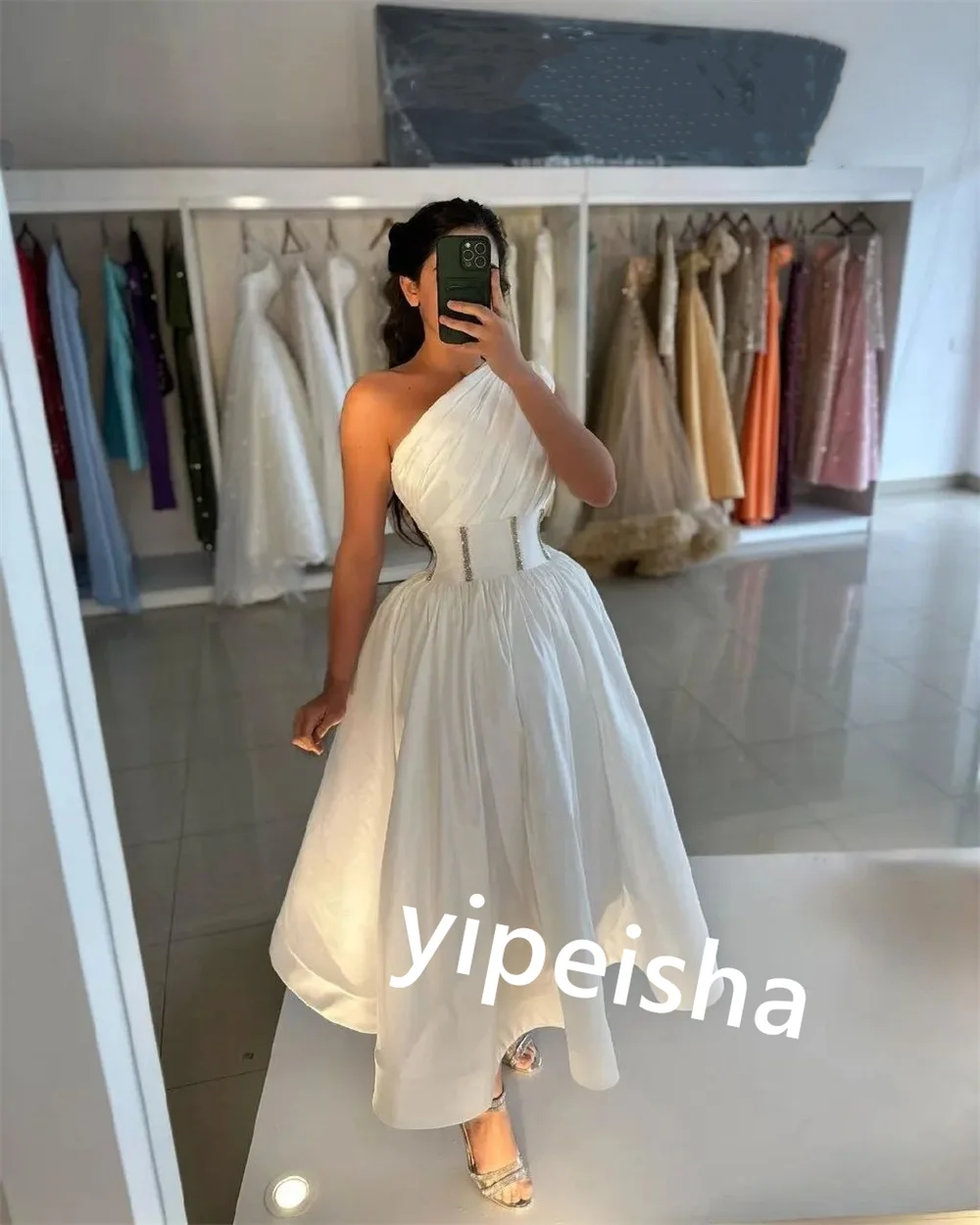 Vestido midi personalizado com faixa de jérsei para aniversário, linha A, um ombro, sob medida