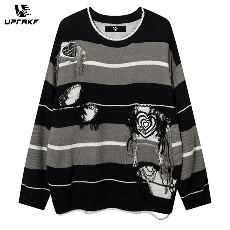 UPRAKF Striped Heart Sweater Loose Pullover Fashion Streetwear Long Sleeve Winter Hip Hop Autumn Round Neck Harajuku