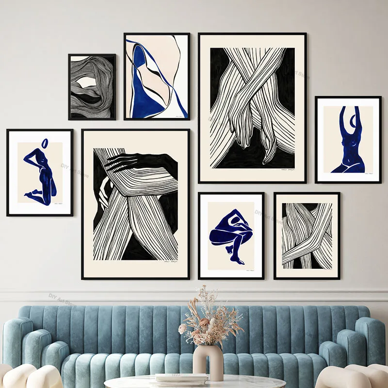 Black Lines Blue Body Hands Minimalist Wall Art Canvas Painting Abstract Vintage Posters Prints Pictures For Living Room Decor