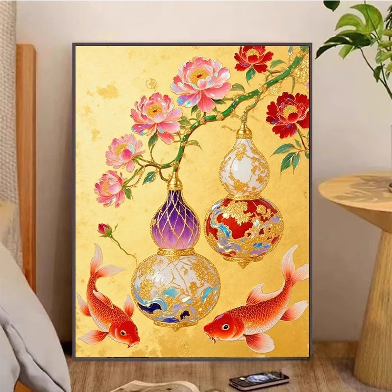 

Простой набор для вышивания крестиком ручной работы 2026: Новый дизайн, Золотой карп и тыква, Алмазная мозаика, Легко освоить для начинающих